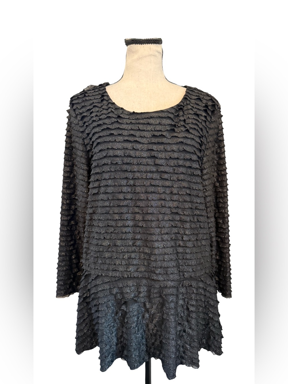 NY Collection XL Black Textured Ruffle Tunic Top Long Sleeve Stretch
